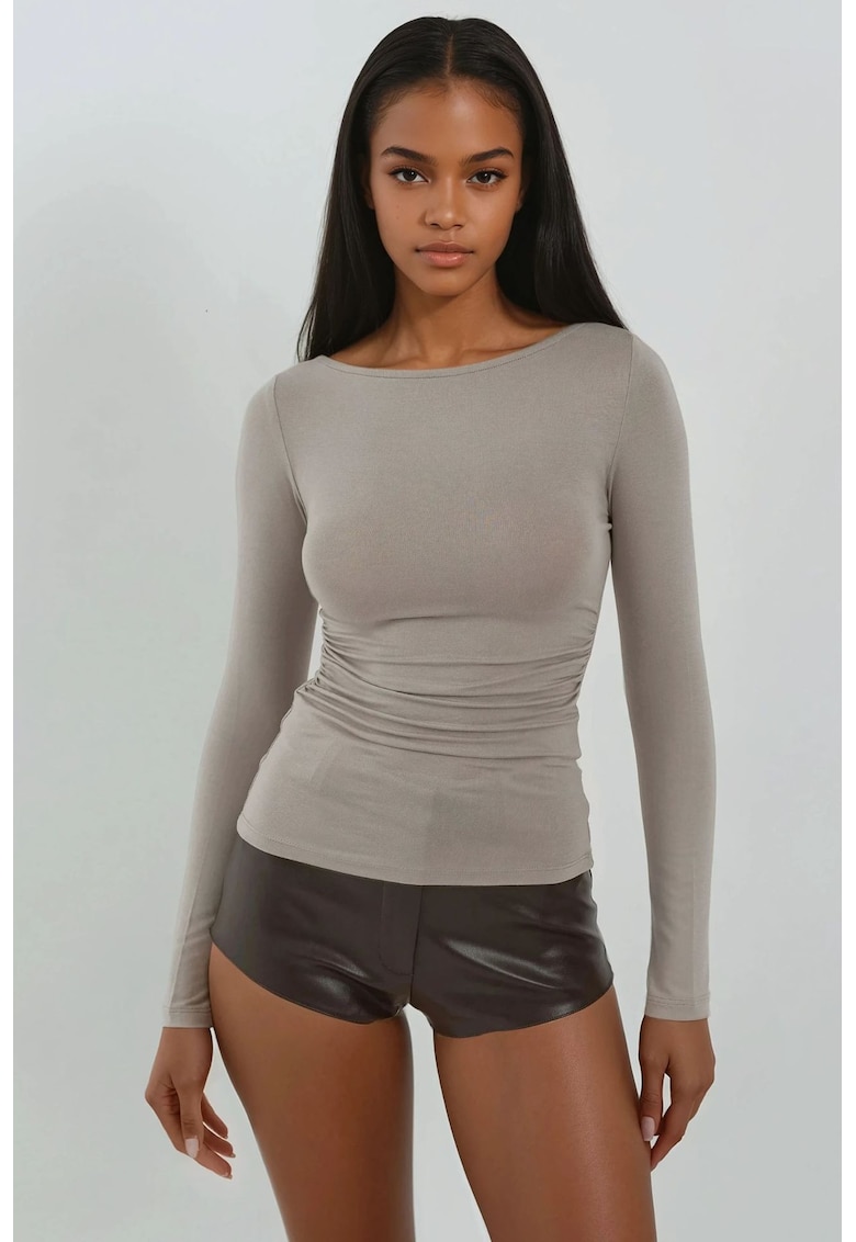 Bluza dama - top moale cu maneca lunga - design ajustat - bej - jerseu