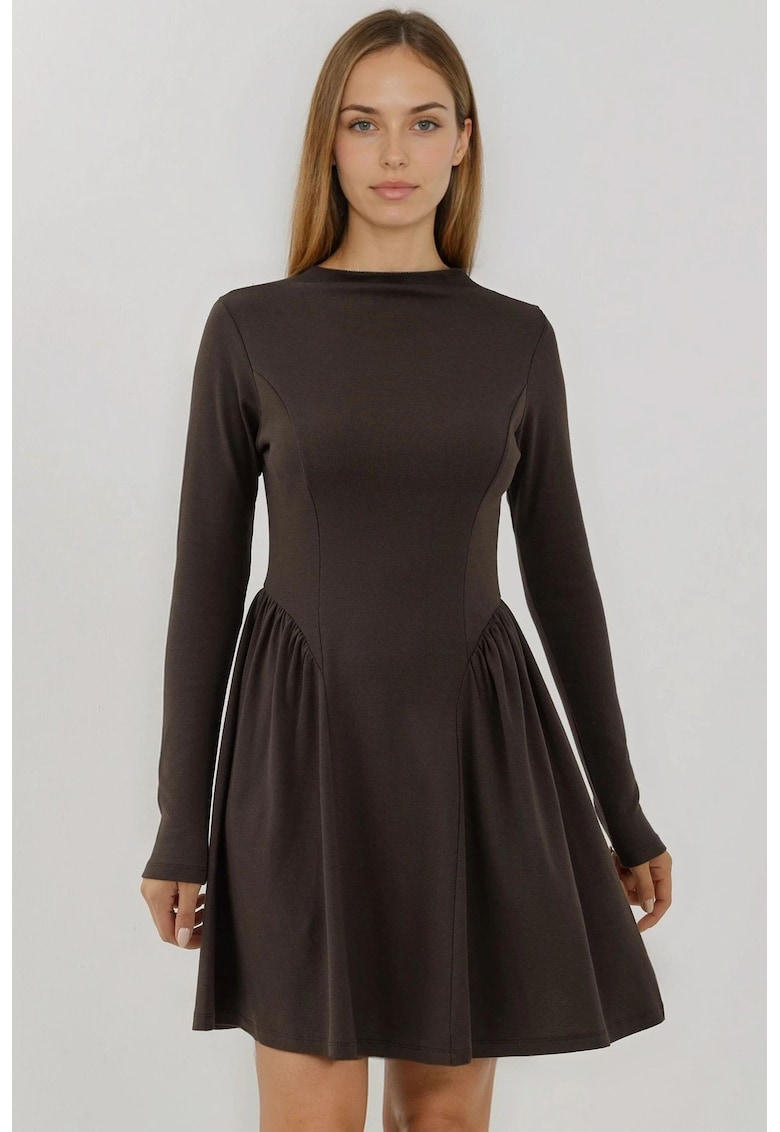 Rochie mini - texturata - decolteu tip barca - maro - jerseu