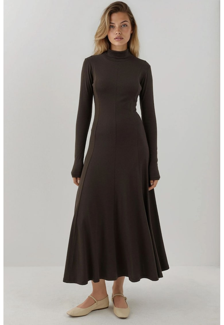 Rochie maxi - texturata - guler inalt - maro - bumbac