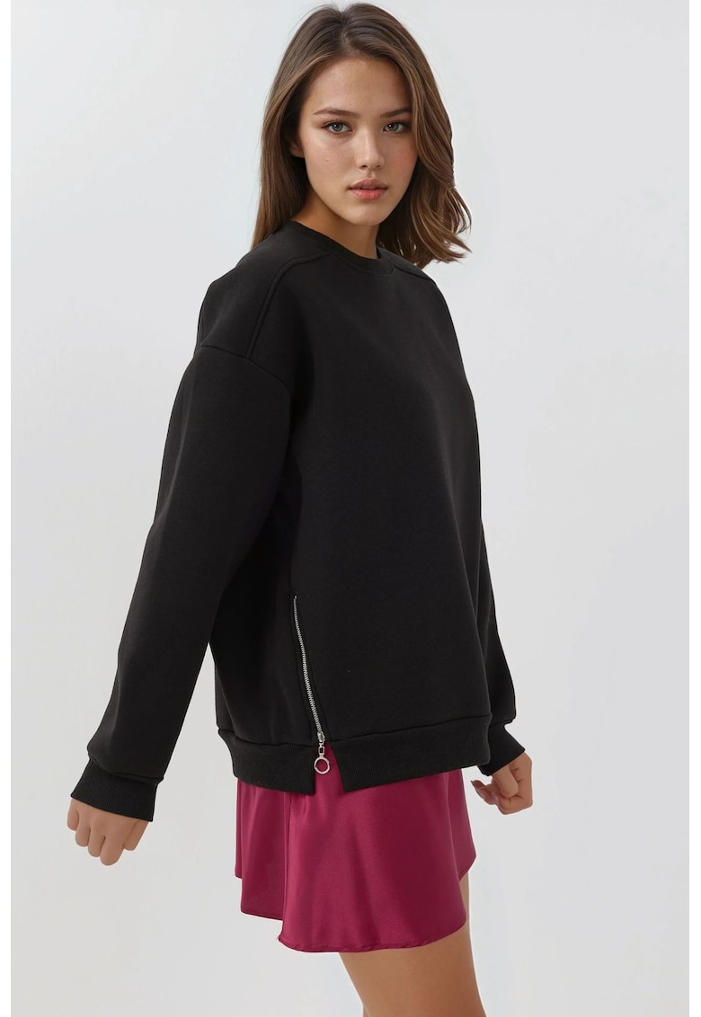 Hanorac dama - texturat - guler rotund - fermoar - negru - textil