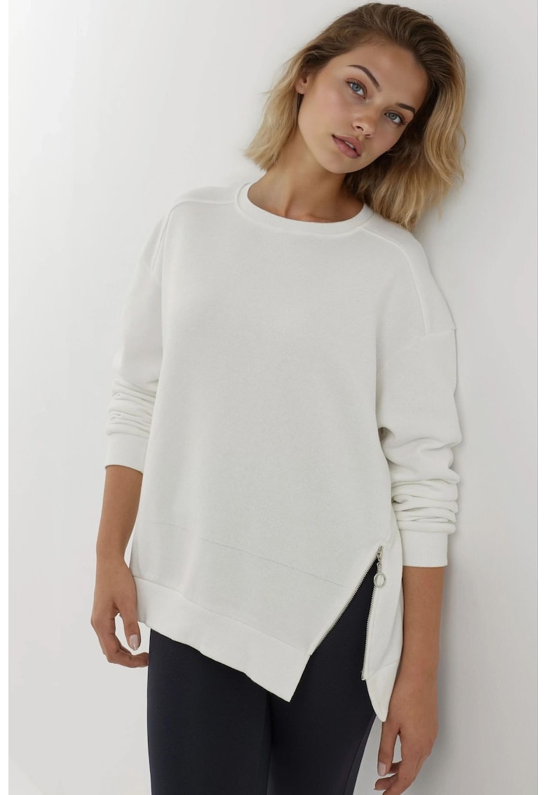Hanorac dama - texturat - guler rotund - fermoar - alb - textil