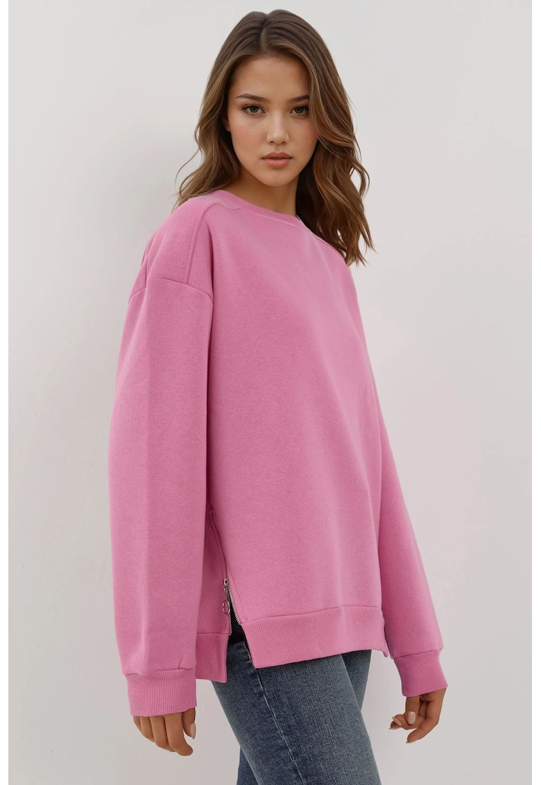 Hanorac dama texturat - guler rotund - fermoar - textil - roz orhidee