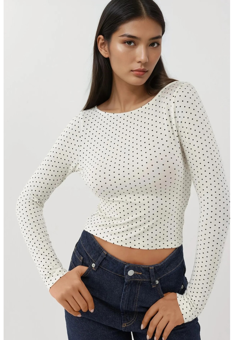 Top scurt mulat - buline - spate deschis - alb - jerseu