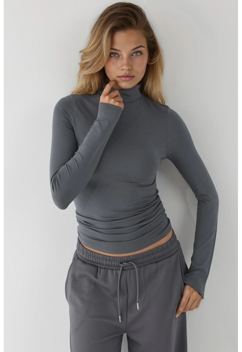 Bluza dama - slim fit - guler inalt - gri inchis - viscoza