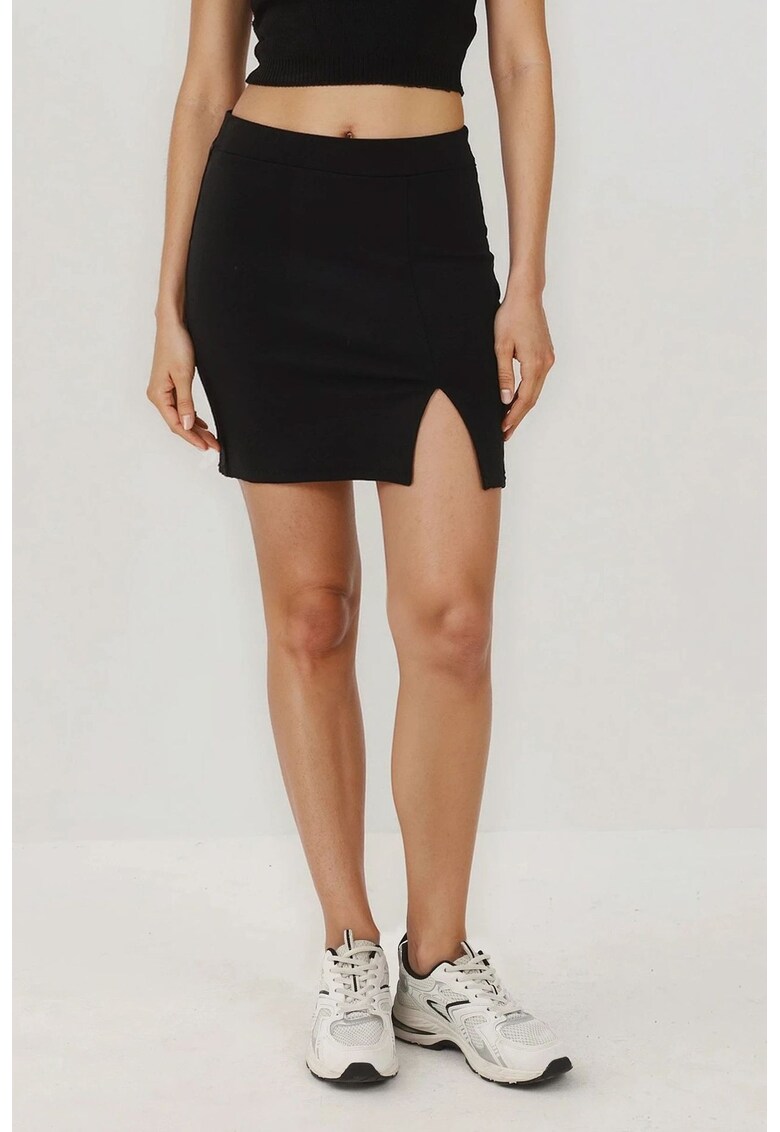 Fuste - fusta mini cu talie elastica si crapatura - negru - viscoza si elastan