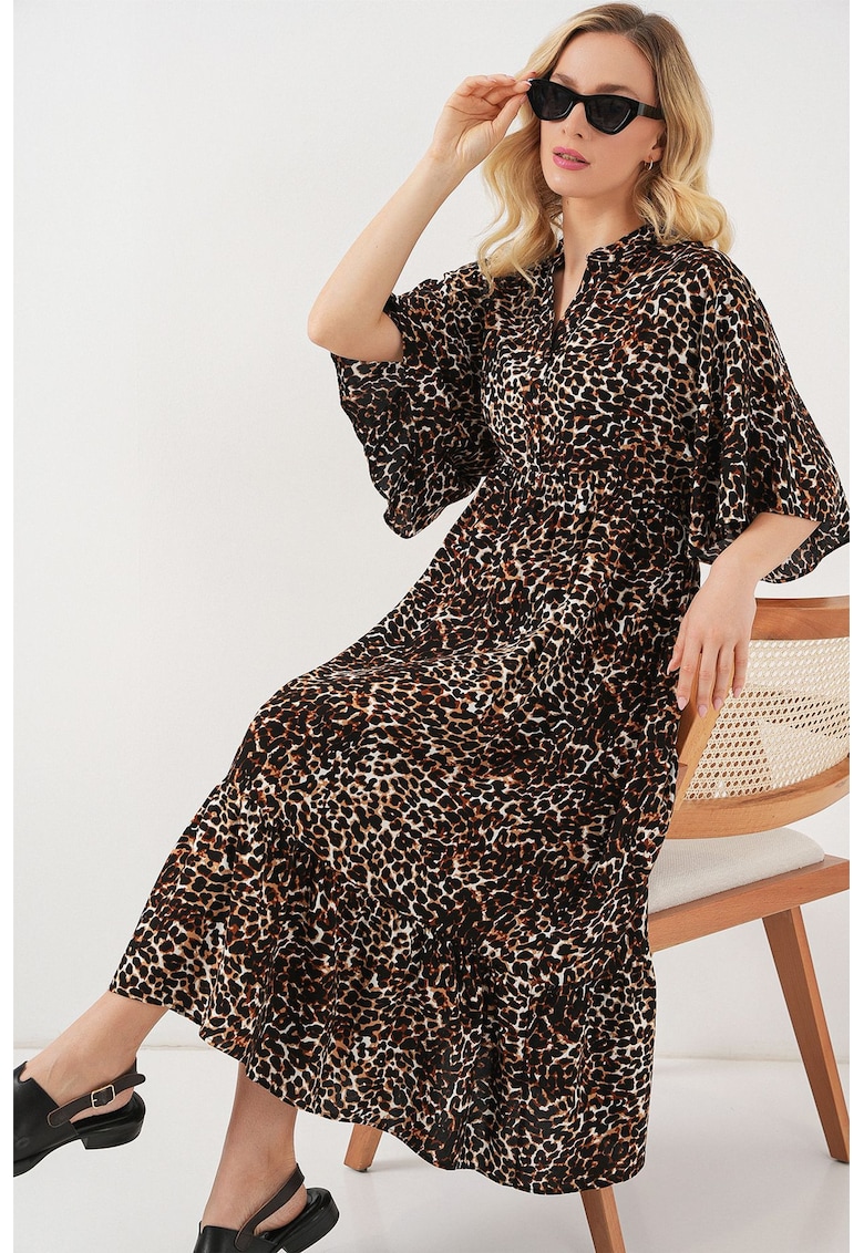 Rochie midi - HiCCUP - Decolteu in V - Textil - Maro - Maro nuc