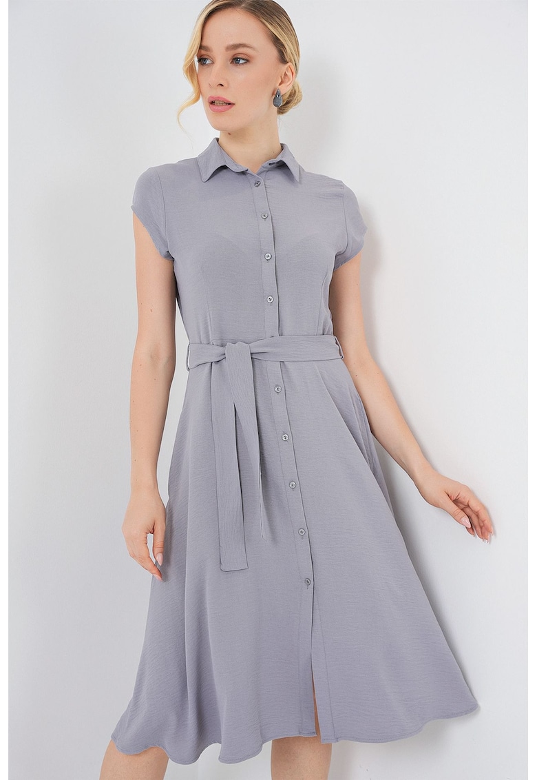 Rochie midi - A-line - guler camasa - gri - textil