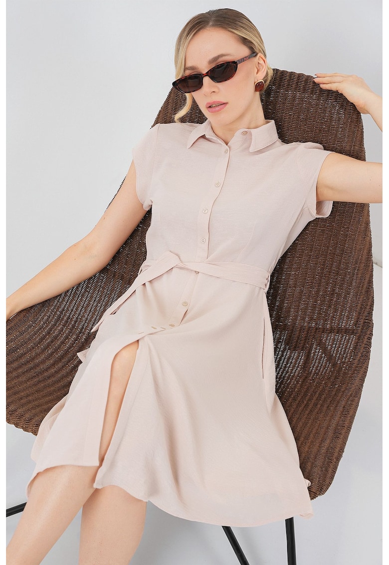 Rochie midi - A-line - guler camasa - crem - textil