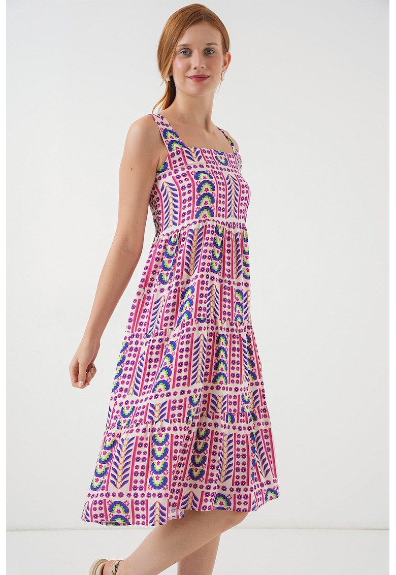 Rochie maxi - HiCCUP - imprimeu - guler patrat - magenta - textil