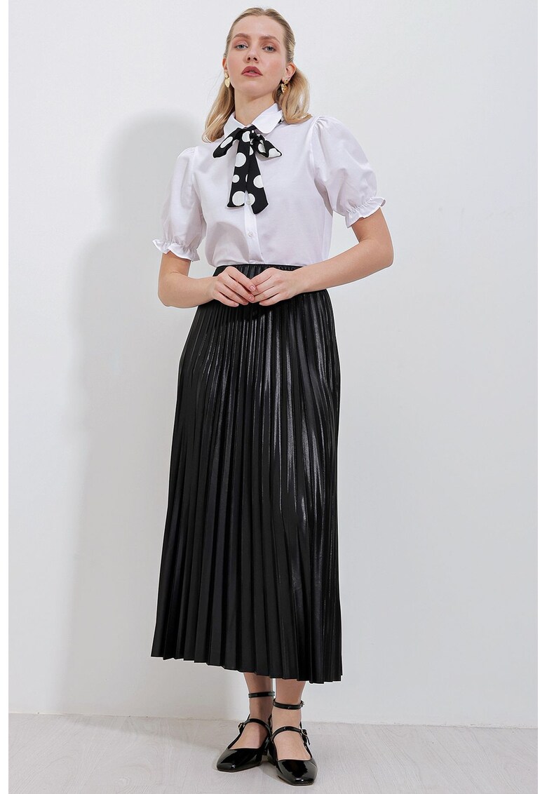 Fusta maxi talie inalta - texturata metalica - detalii cu volane - neagra - textil -