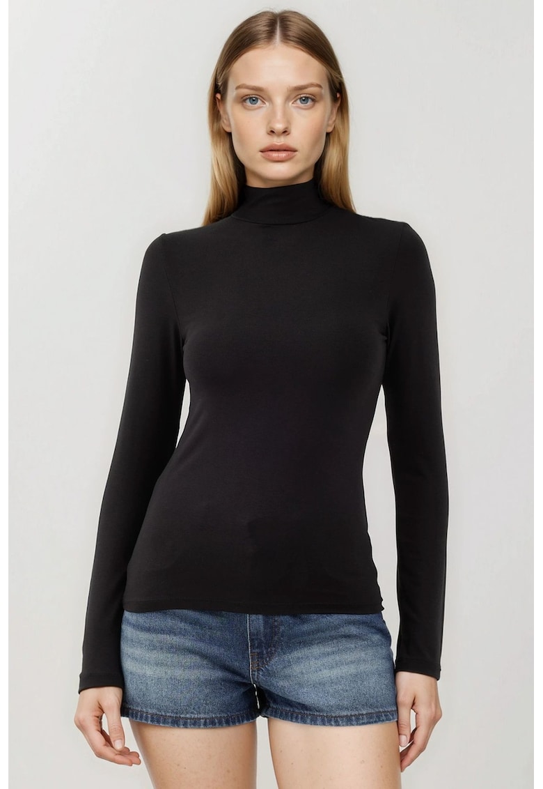 Bluza dama - slim fit - guler inalt - negru - viscoza