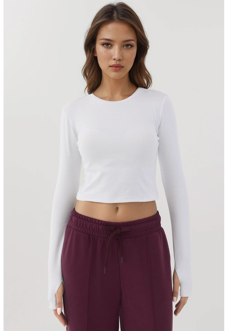 Bluza dama - top scurt - maneca lunga - guler rotund - alb - jerseu
