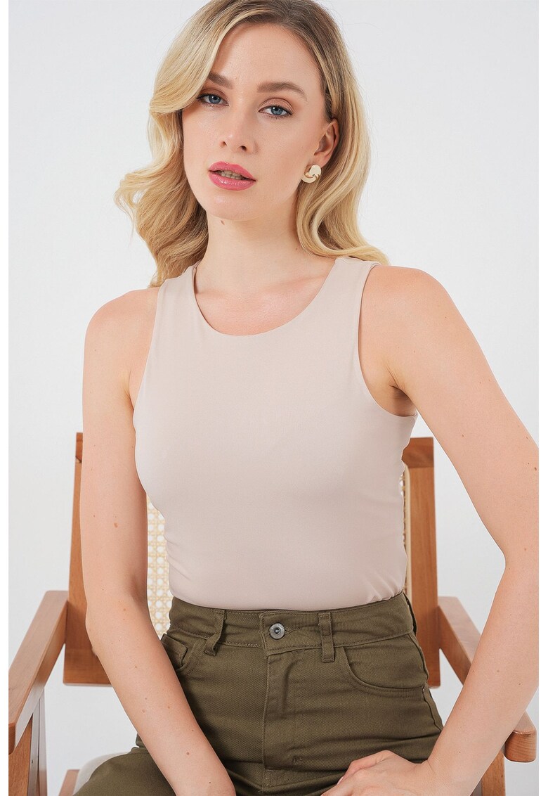 Body fara maneci - guler rotund - bej - jerseu