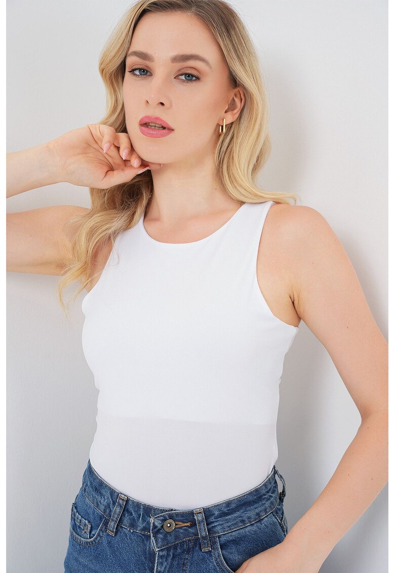 Body fara maneci - guler rotund - alb - jerseu