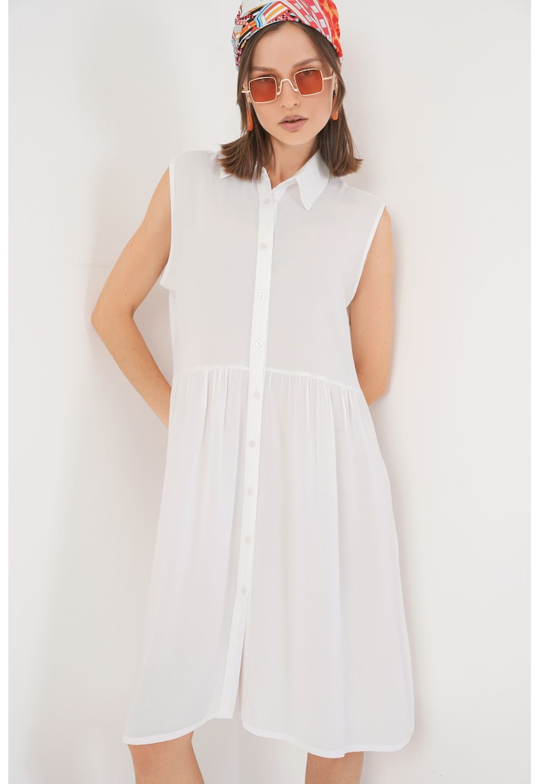 Rochie midi - HiCCUP - fara maneci - cu nasturi - alb - material usor