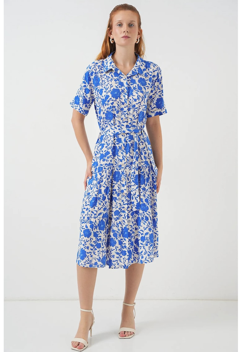 Rochie midi - croiala in A - guler camasa - albastru - textil -