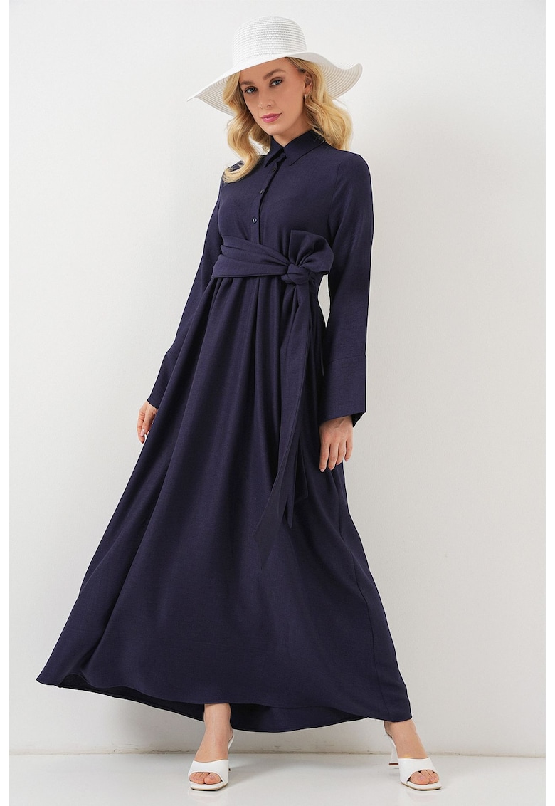 Rochie midi - A-line - maneca lunga - bleumarin - textil