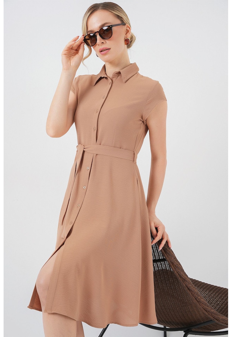 Rochie midi - A-line - guler camasa - maro melanj - textil