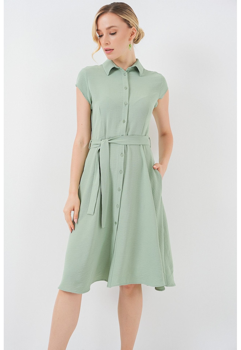 Rochie midi - A-line - guler camasa - verde - textil -