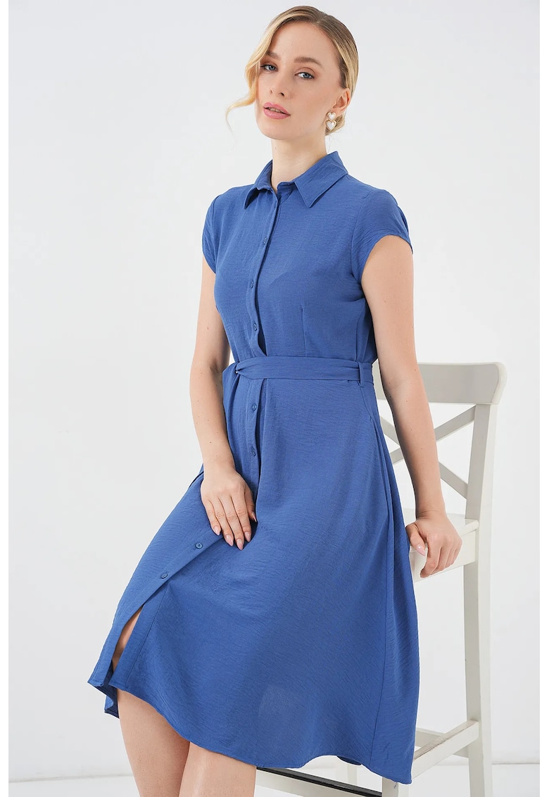 Rochie Midi Tip A - Guler Camasa - Albastru - Bumbac -