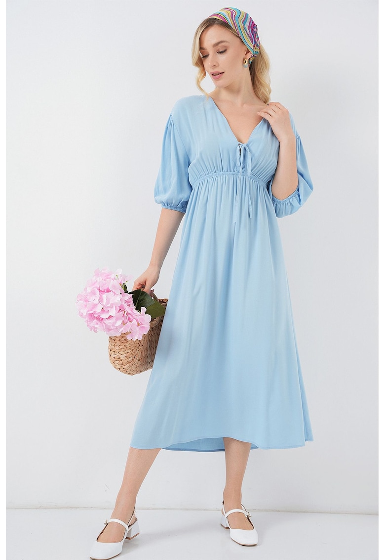 Rochie midi HiCCUP - croiala in A - decolteu in V - albastru - textil