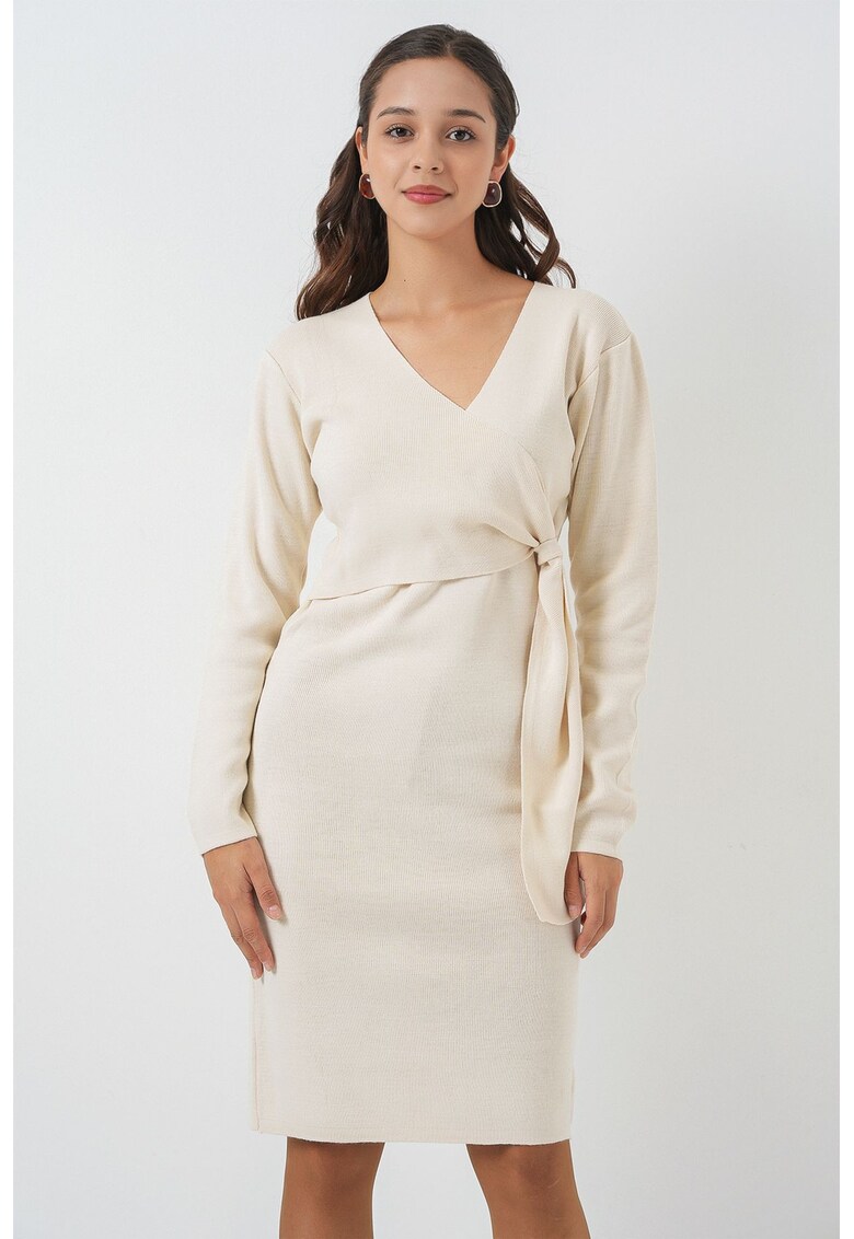 Rochie midi bodycon cu decolteu in V - Ecru - tricot -