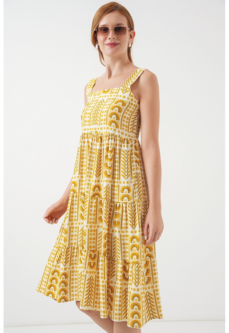 Rochie maxi - HiCCUP - imprimeu BDART - guler patrat - galben mustar - fabrica