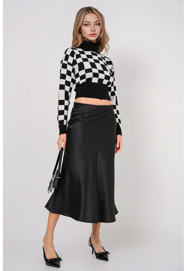 Fusta midi - HiCCUP - croiala in forma de A - neagra - satin