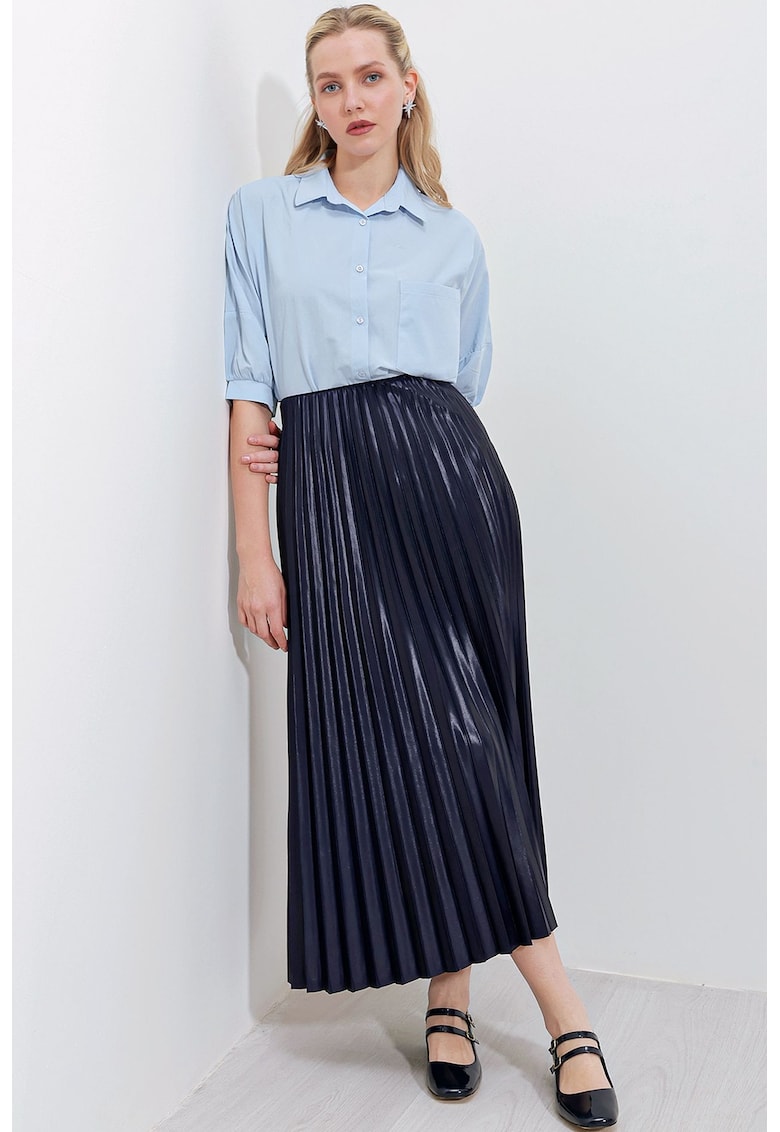 Fusta maxi talie inalta - texturata metalica - bleumarin - textil -