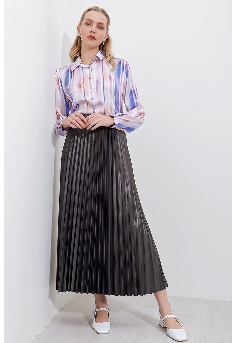 Fusta maxi talie inalta - texturata metalica - detalii cu volane - gri - textil -