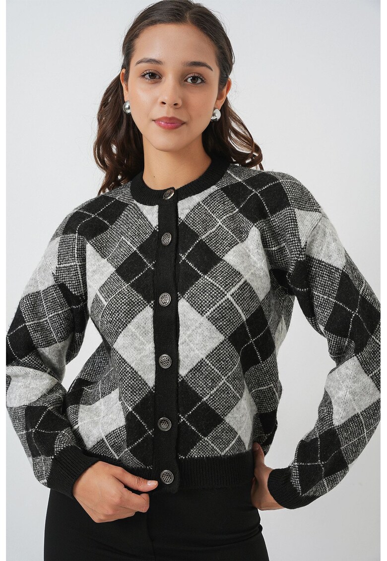 Pulover dama - cardigan tricotat jacquard - tricot - Negru -