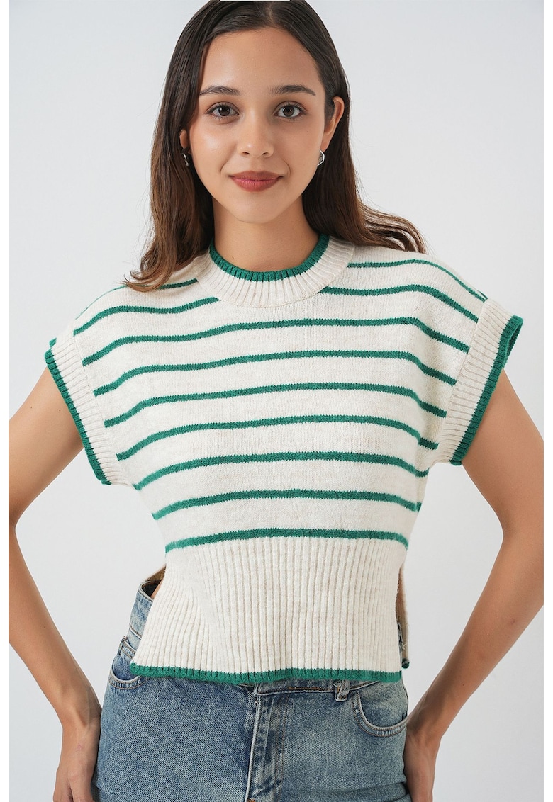 Pulover dama vesta tricotata - dungi groase - tricot - Verde Smarald -