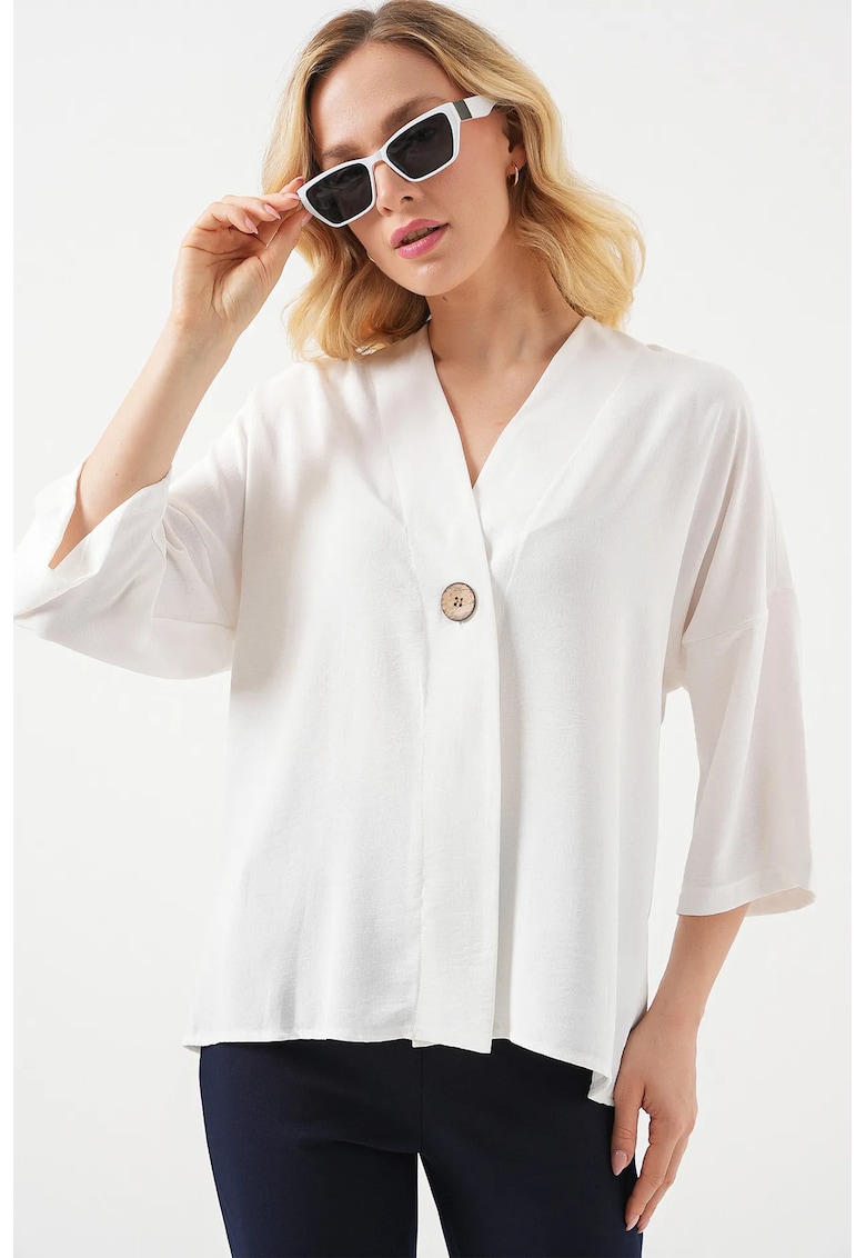 Kimono dama BDART - decolteu in V - maneca trei sferturi - alb -