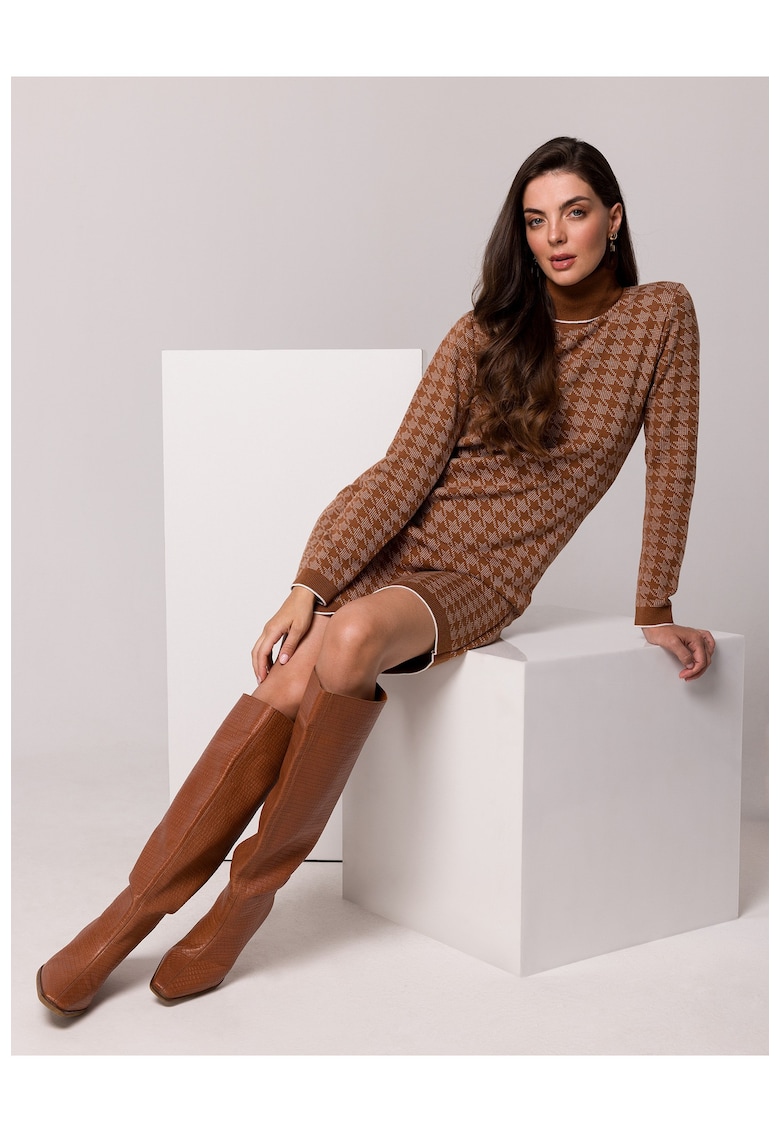 pentru femei - BK103 - pulover cu guler - maro - lungime pana la