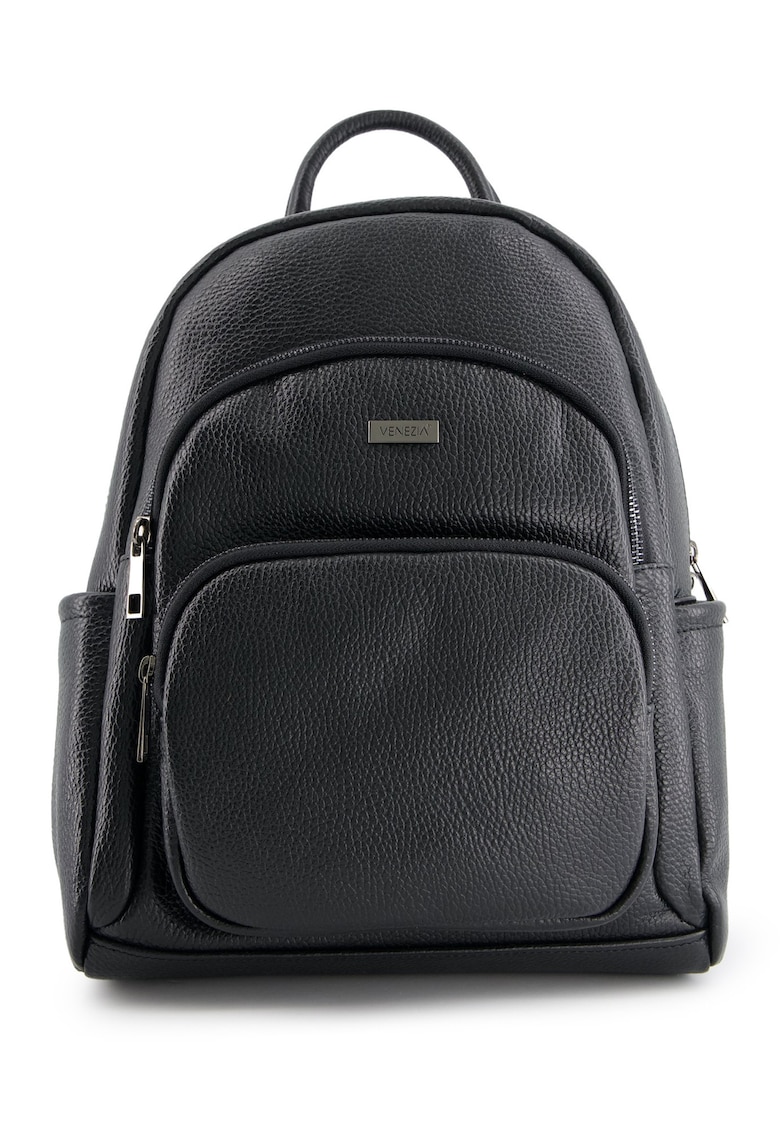 Rucsac dama - piele naturala - 33x27x12cm - 4 buzunare externe - 2 buzunare interne - Negru