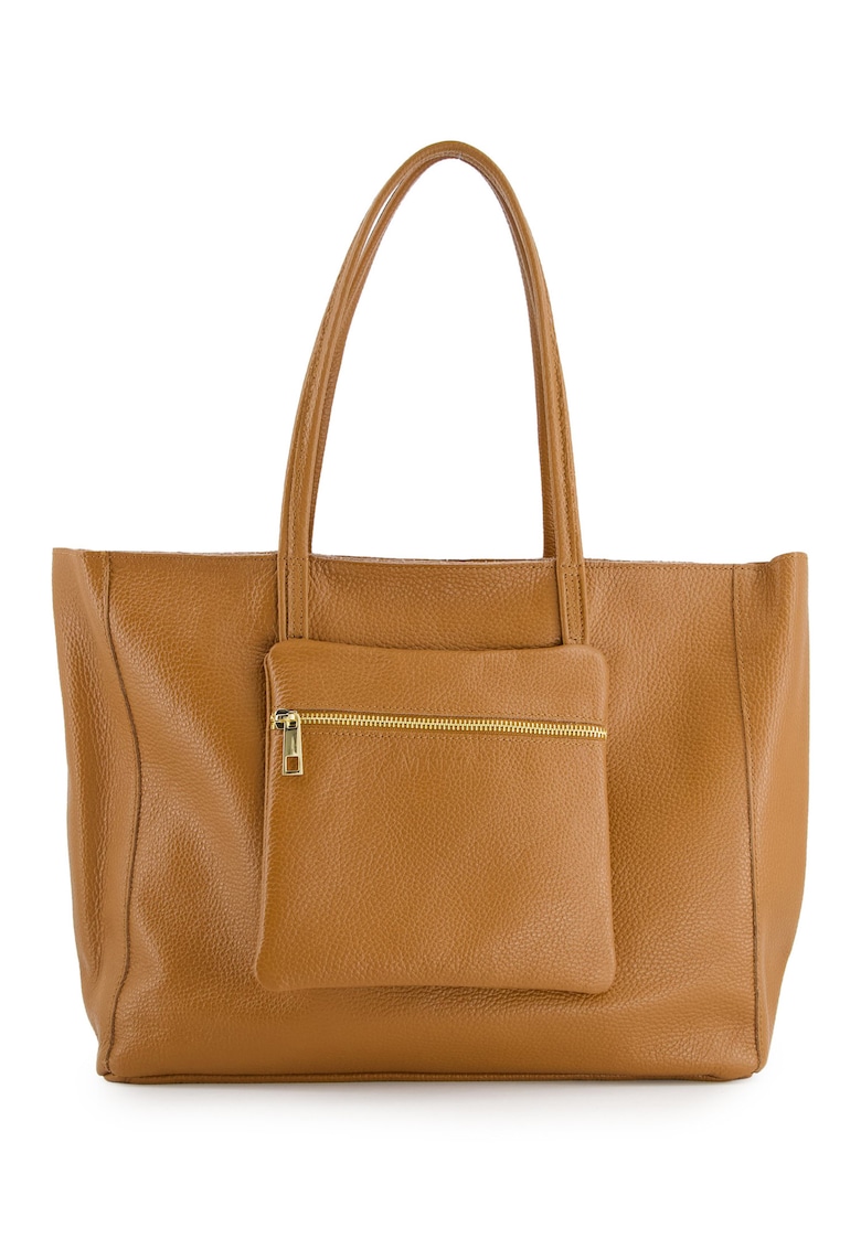 Geanta shopper din piele naturala - maro - 37x29x13cm - cu un buzunar exterior