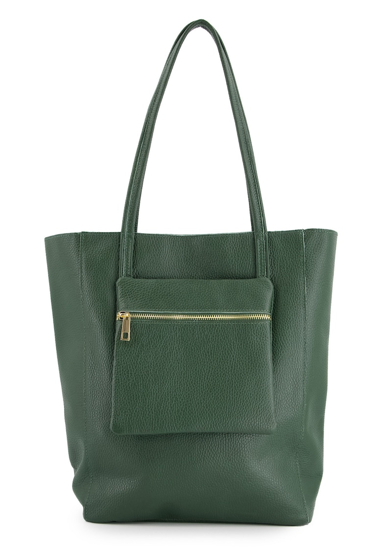 Geanta shopper pentru femei - piele naturala - verde - 37x27x13cm - cu un buzunar exterior