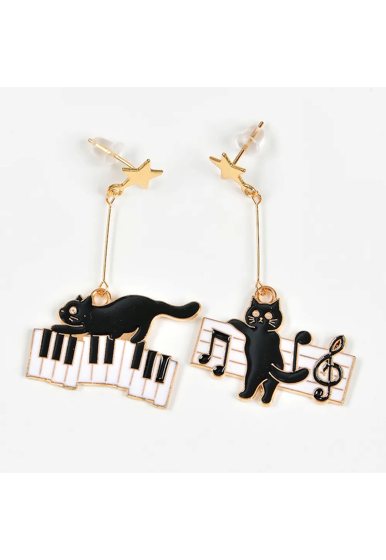 Cercei asimetrici cu pisici negre si note muzicale - Paris