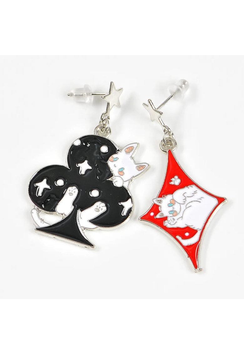 Cercei asimetrici cu pisici albe si simboluri de carti - Paris