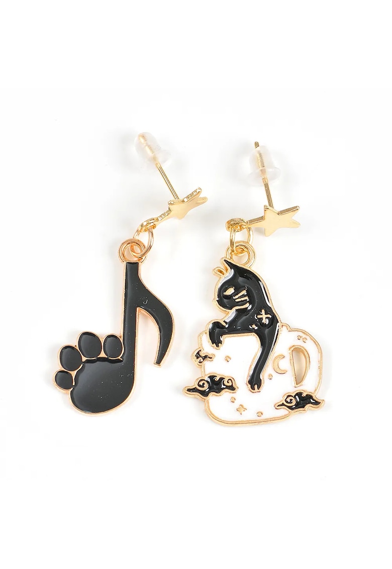 Cercei asimetrici cu pisica neagra si nota muzicala - Paris