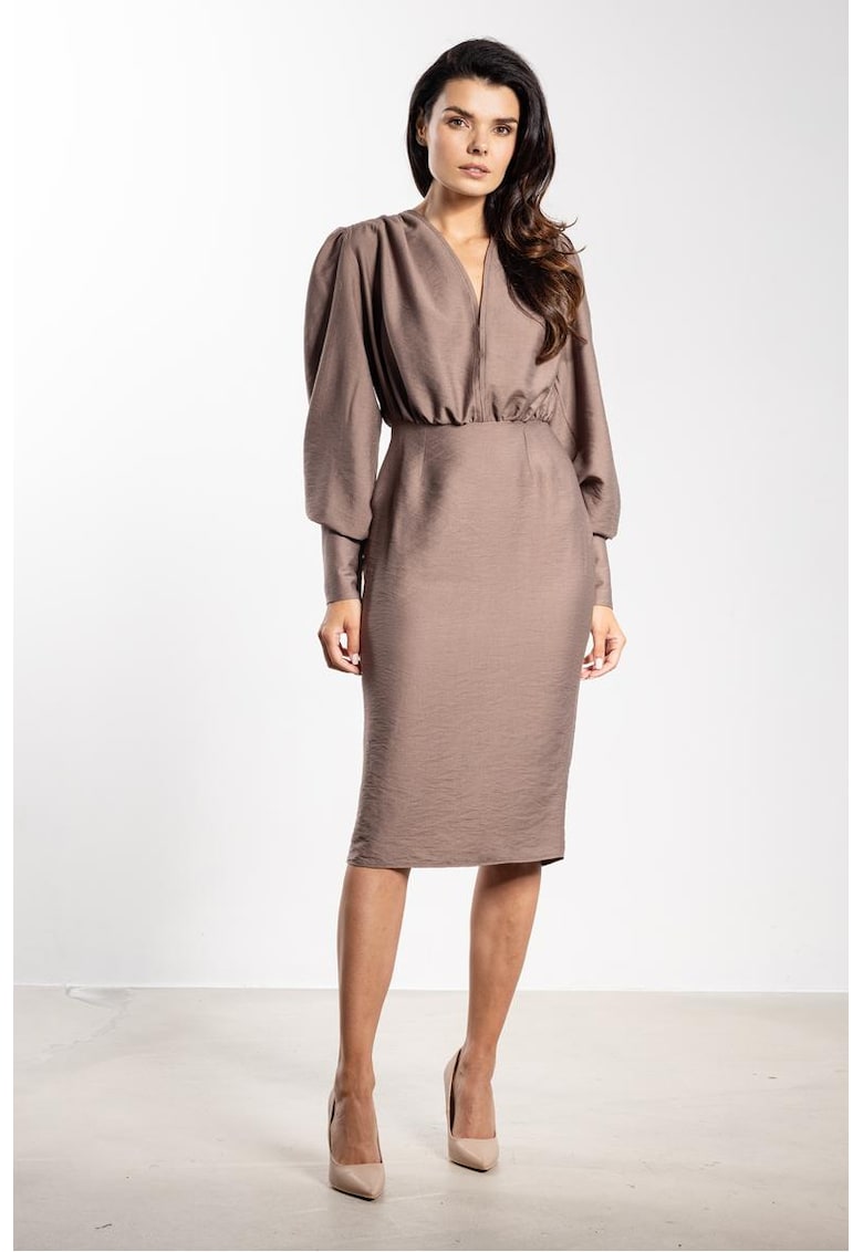 Rochie midi cu maneci bishop si slit