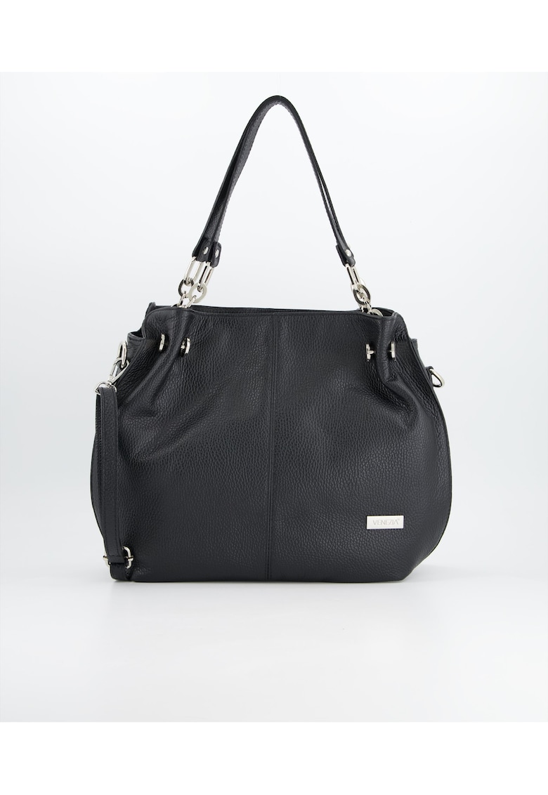 Geanta shopper neagra piele naturala - 3 compartimente - dimensiuni 30x29x12cm - curea detasabila 113cm