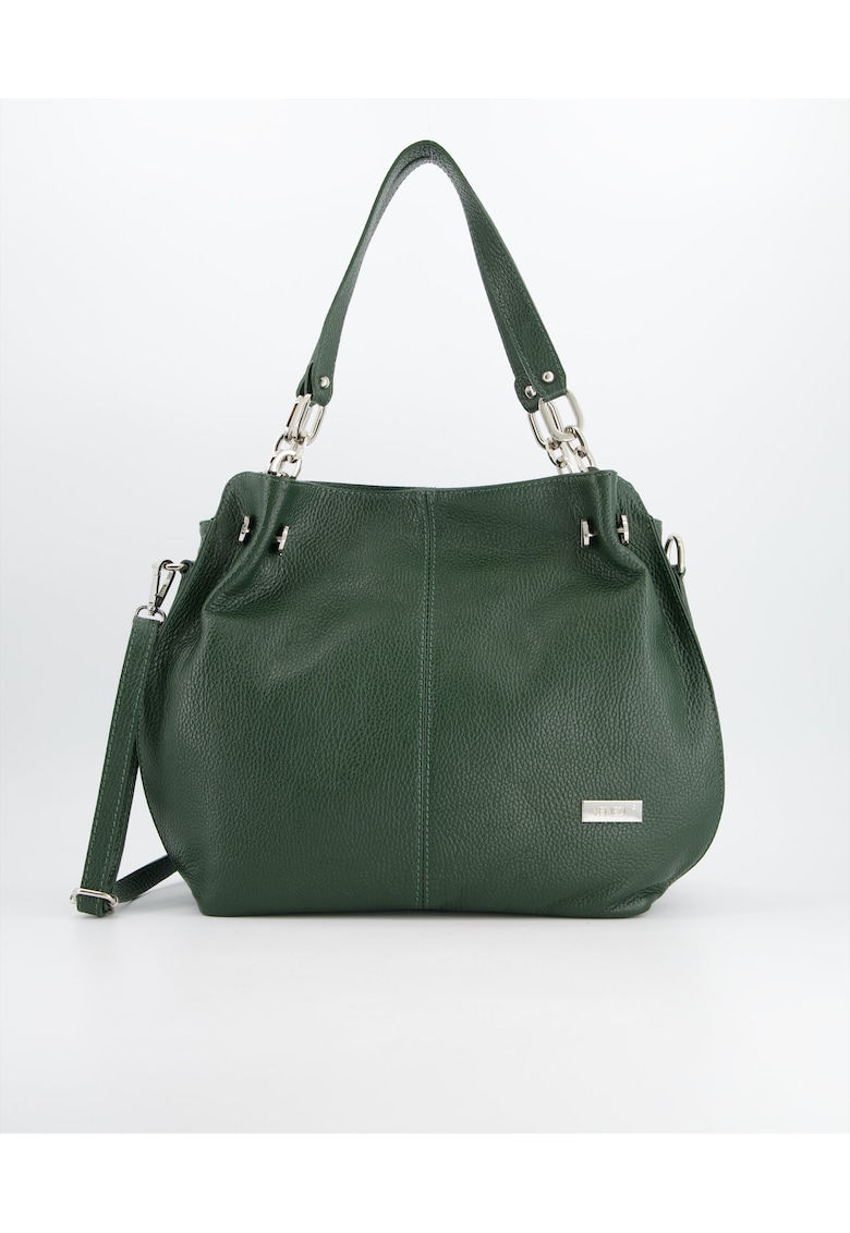 Geanta shopper pentru femei - verde - piele naturala - 29x30x12cm - cu 3 compartimente interioare - curea detasabila.