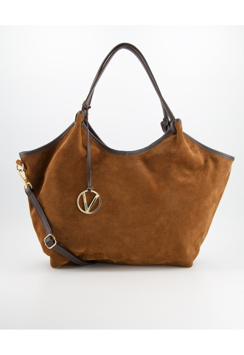 Geanta shopper din piele intoarsa - maro - 32x51x11cm - cu manere de 39cm - curea detasabila - 2 buzunare interioare