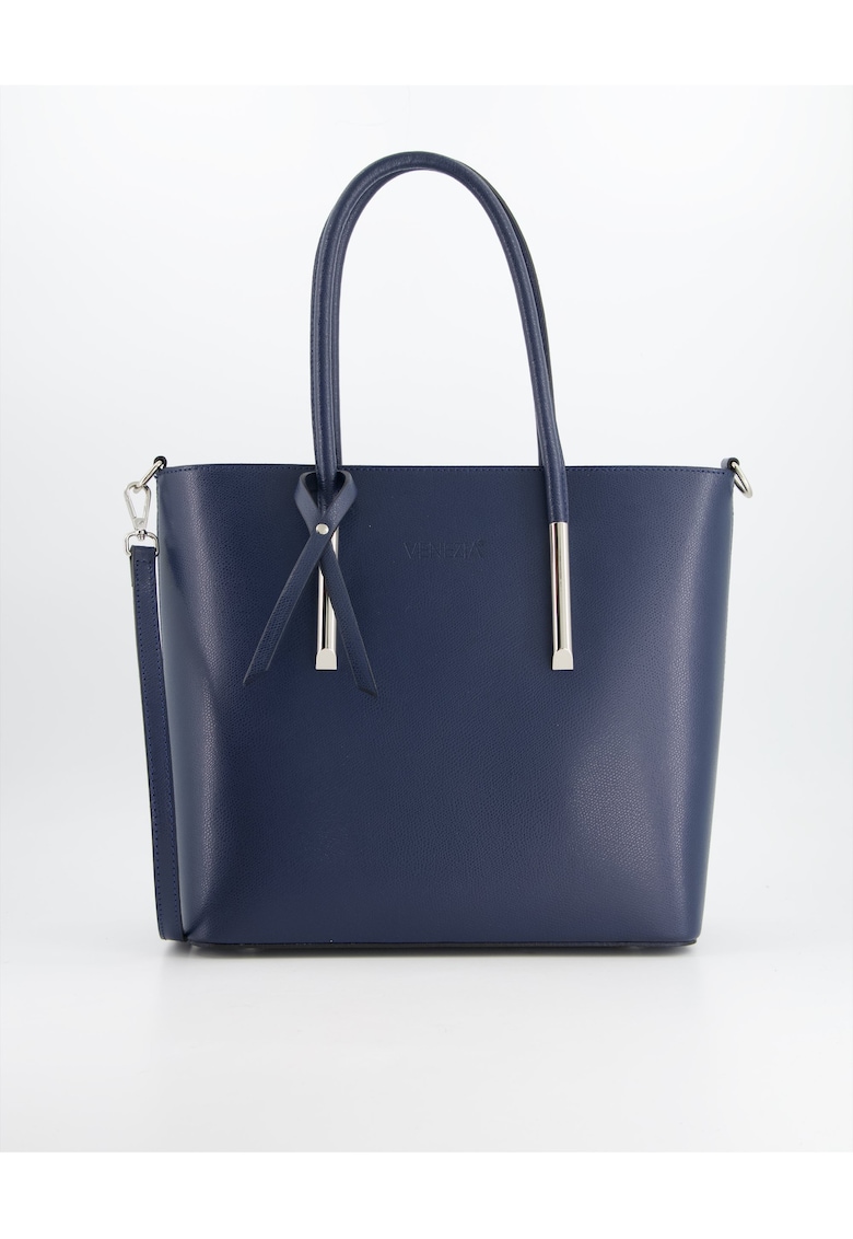 Geanta shopper piele naturala - albastru - 29x30x12cm - 3 compartimente interioare - curea detasabila 121cm