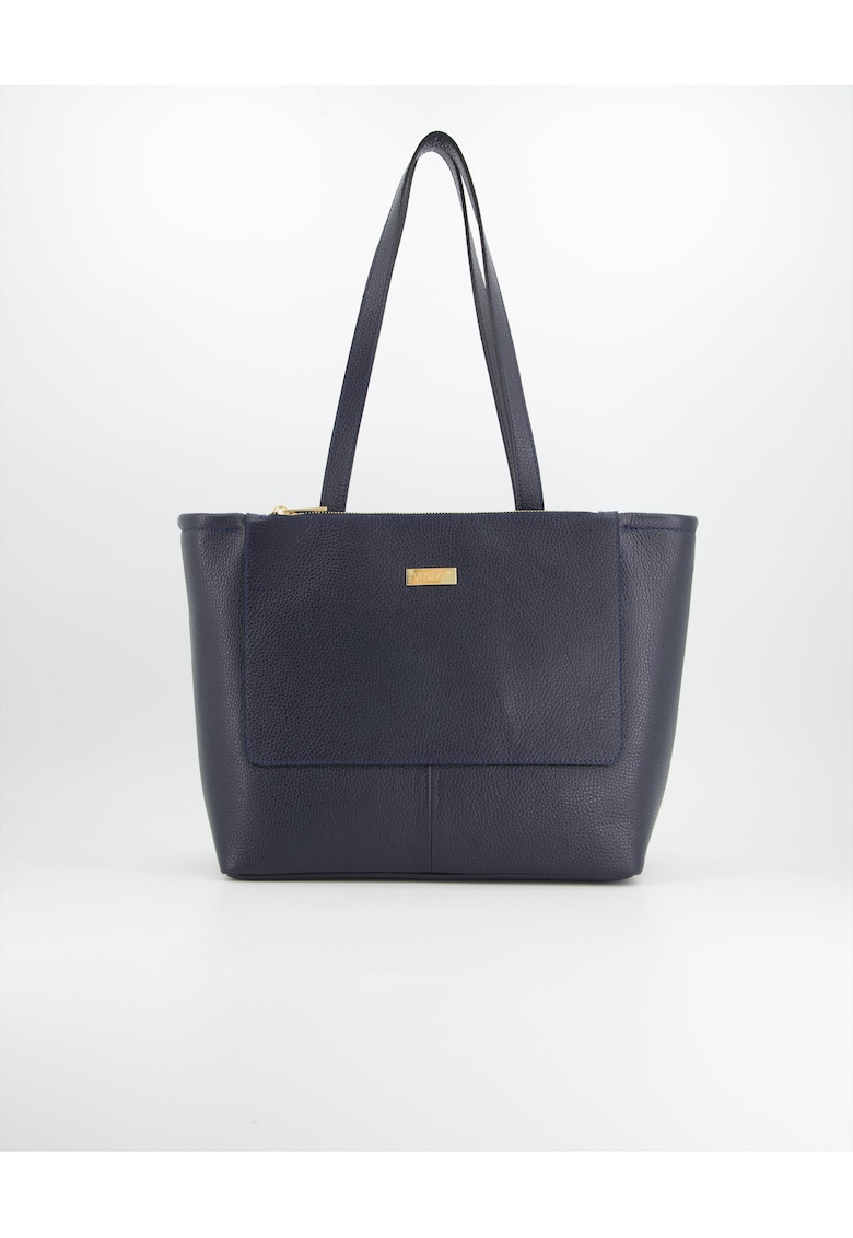 Geanta shopper piele naturala - albastru marin - 28x32x13cm - 2 buzunare interioare - 2 buzunare exterioare