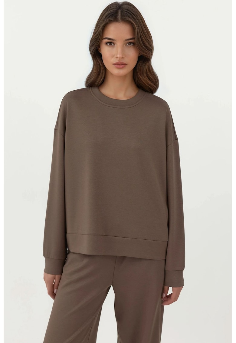 Hanorac dama Basic - croiala regulata - guler rotund - maro - textil