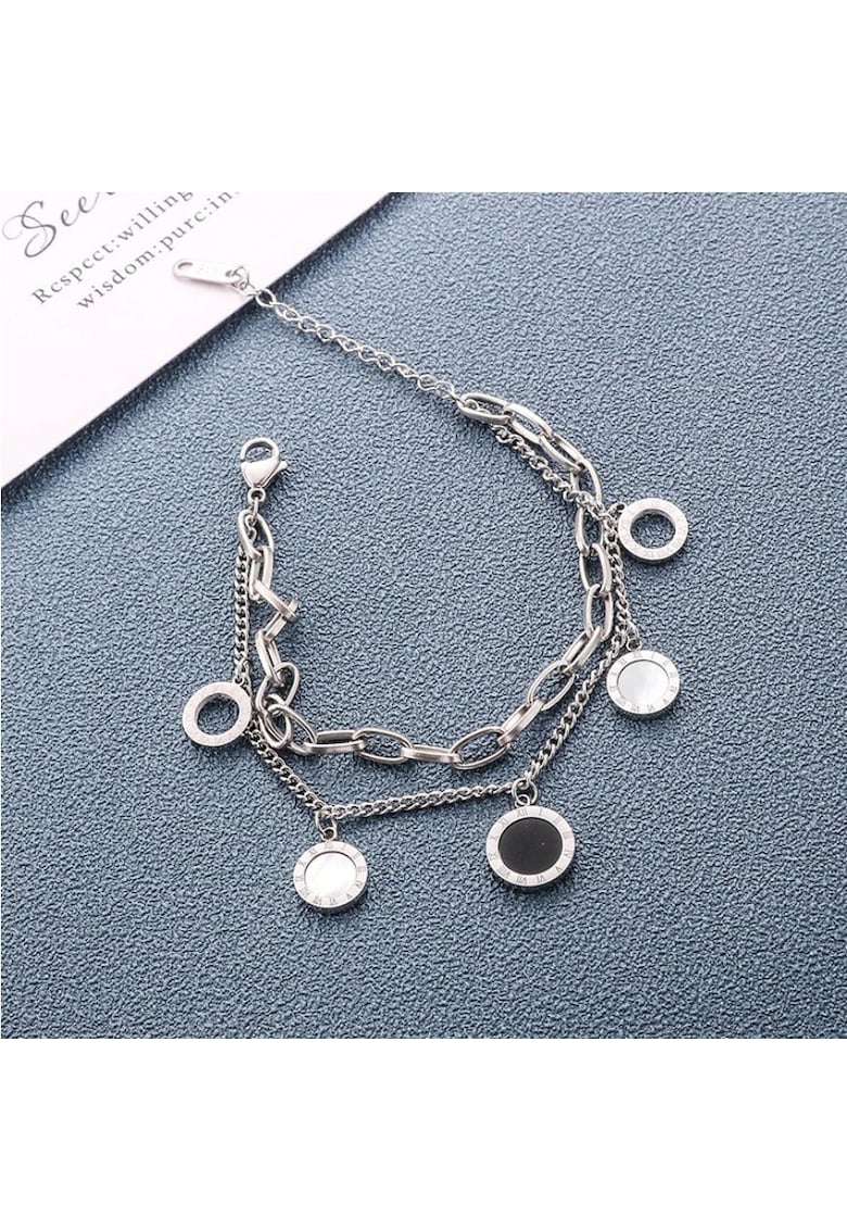 Bratara argintie - din otel inoxidabil - in 2 straturi - cu piese rotunde - suflata cu aur 18k - Demian C2