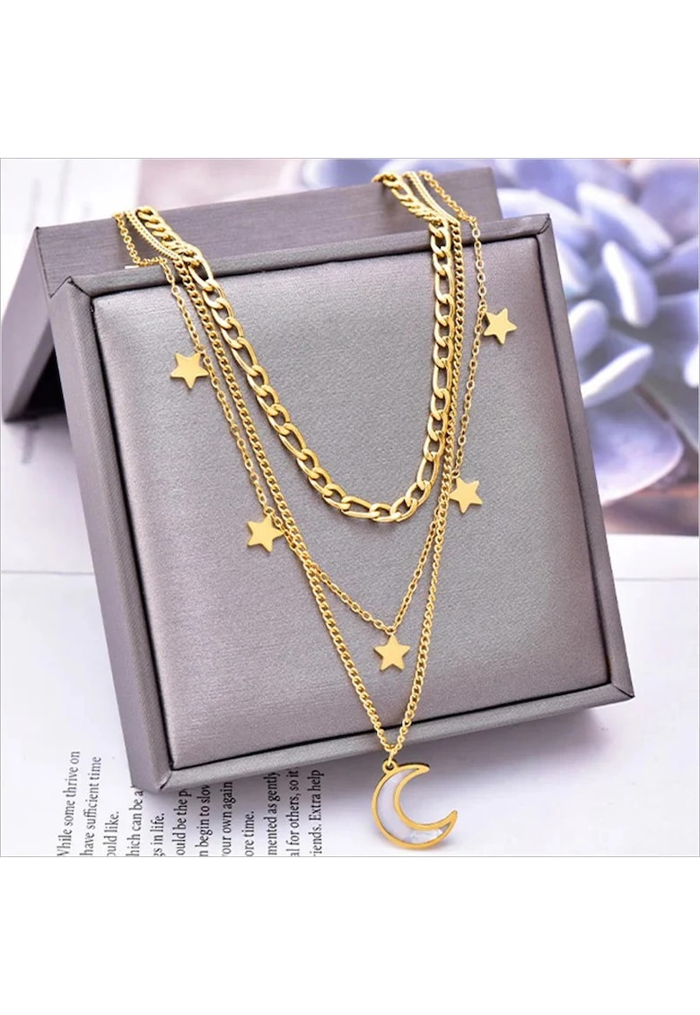 Colier auriu - otel inoxidabil - suflat cu aur 18k - in 3 straturi - cu stelute si semiluna - Delila C1