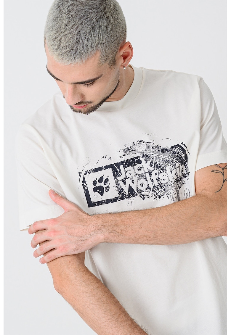 Tricou cu imprimeu si decolteu la baza gatului - Alb fildes/Negru